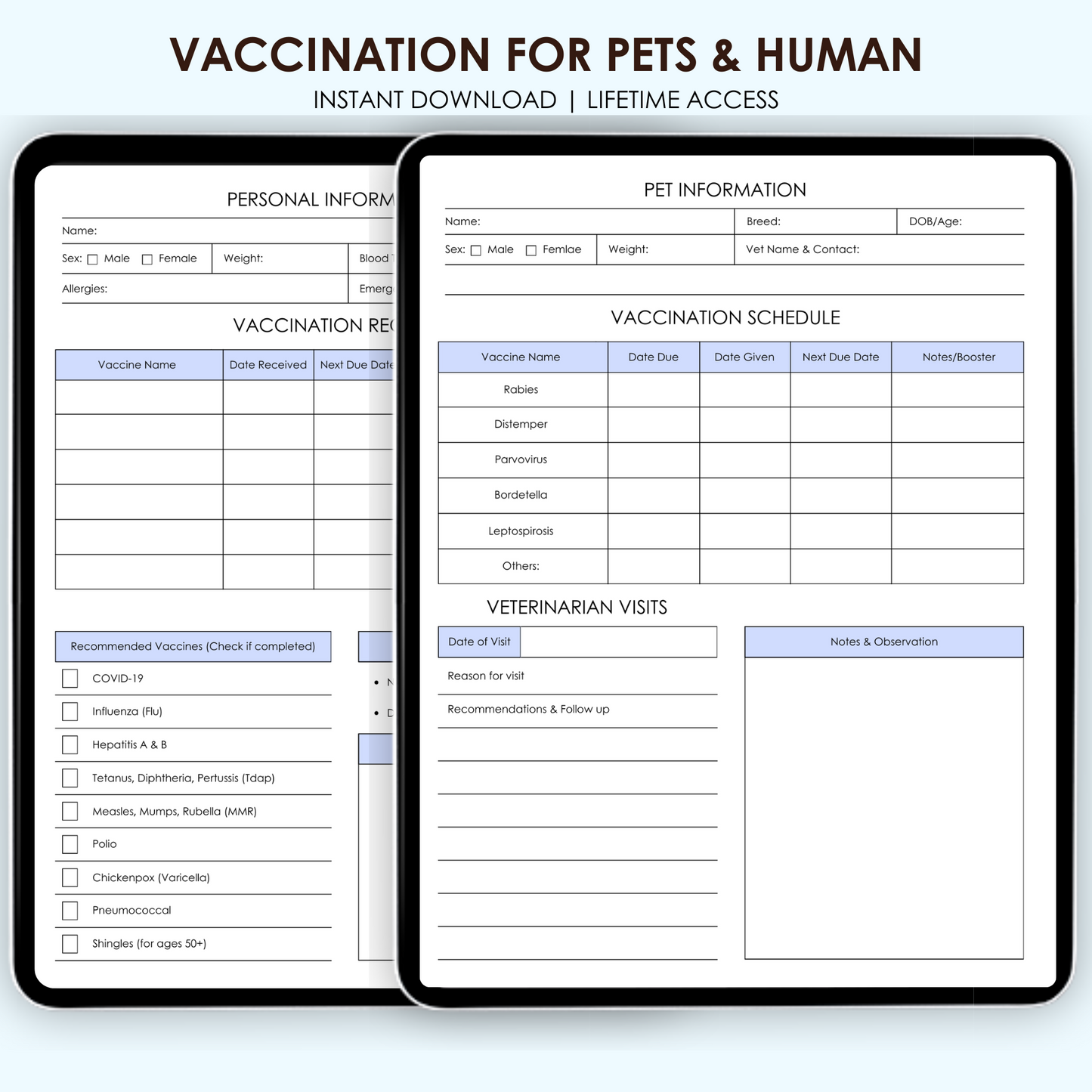 Digital Vaccination Planner – Portrait Layout | Immunization Tracker & Medical Record Organizer for Children, Adults & Families | Printable & Tablet-Friendly PDF